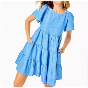 knee length dresses for ladies Beige Short Sleeve Midi Women Linen Dress 3718 – Xiaolizi main image 1